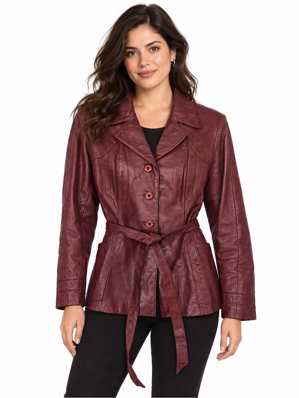 1970s Vintage Wilsons Burgundy Leather Belted Jacket Size 16 Fits M